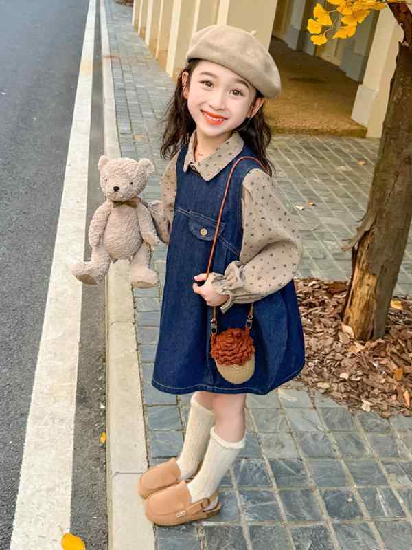 キッズ 女の子 セットアップ ツーピース 春秋 シャツ ブラウス デニム サロペットスカート ジャンパースカート 2点セット おしゃれ かわいい 長袖 韓国風 カジュアル 綿混 お出かけ 普段使い