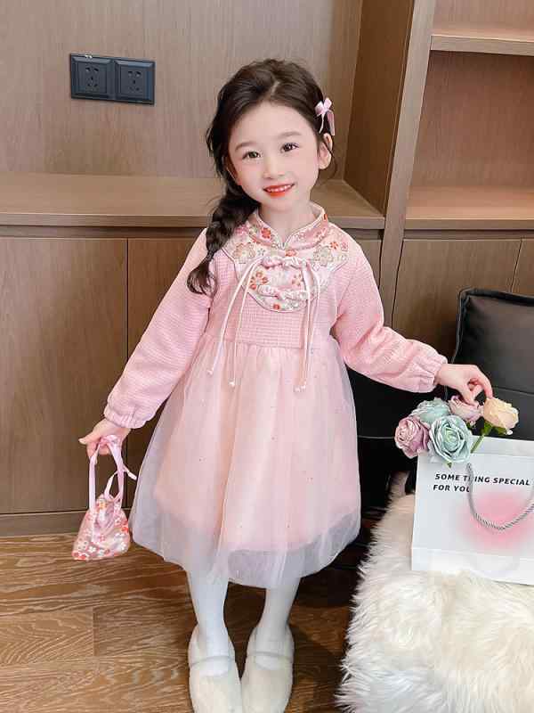 ワンピース ベビー ガールズ 秋冬 裏起毛 チャイナ風 プリンセス フレア 飾りボタン 暖か お正月 晴れ..