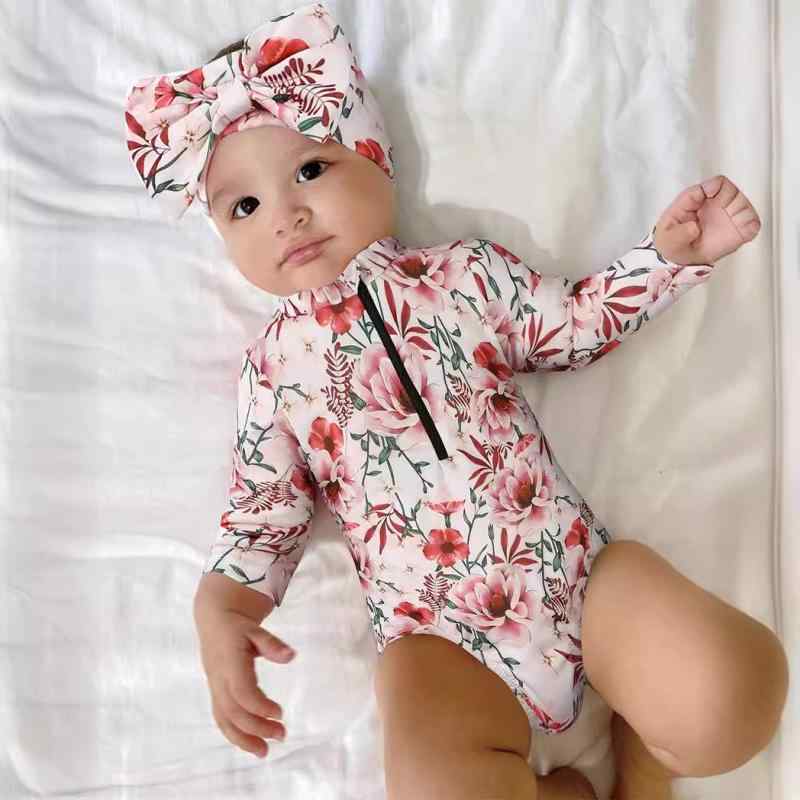 水着 女の子 ベビー 幼児 長袖 ワンピース ナイロン ジップアップ ファスナー付き 小花柄 夏 温泉 プー..