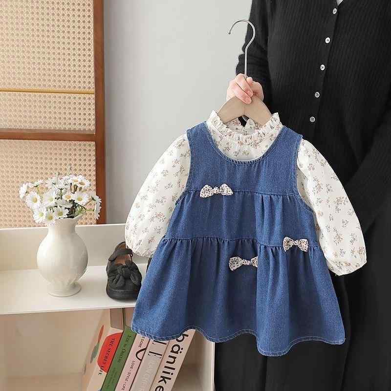 ワンピース 女の子 キッズ ベビー 春秋 セットアップ 小花柄 シャツ 長袖 リボン デニム ジャンパースカート おしゃれ かわいい 個性的 トレンド 韓国風 コットン