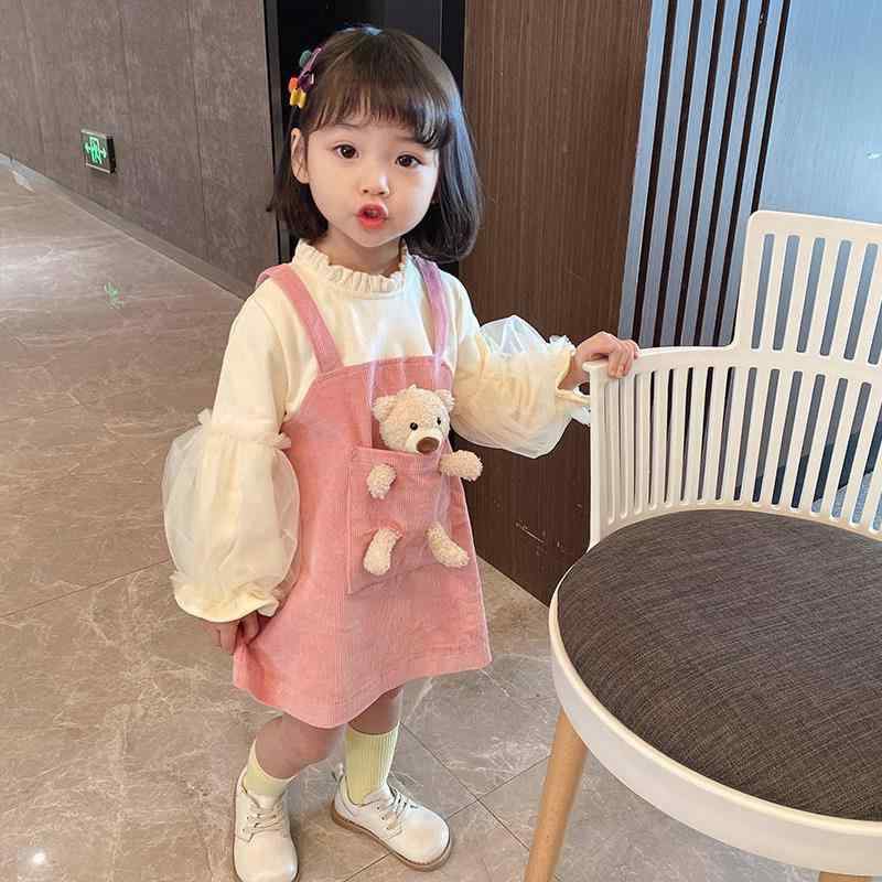 ワンピース 女の子 キッズ ベビー 春秋 韓国風 クマ キャラクター ジャンパースカート サロペットスカート セットアップ おしゃれ かわいい 個性的 綿 ピンク 長袖 2点セット カジュアル お出かけ プルオーバー