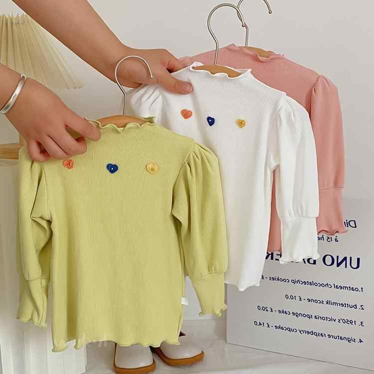 トップス キッズ 女の子 春秋 韓国風 ハート柄 フリル パフスリーブ 長袖 綿 コットン 柔らか 肌触り良い カジュアル おしゃれ 通園着 かわいい カットソー