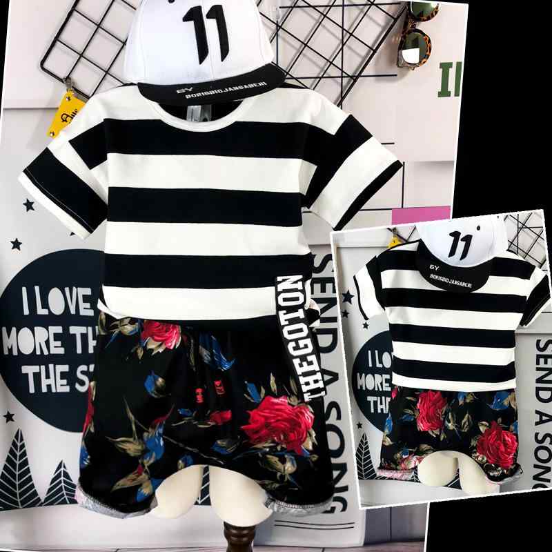 キッズセットアップ 男の子 2点セット プルオーバー 半袖Tシャツ ストライプ柄 花柄 クロップドパンツ ..