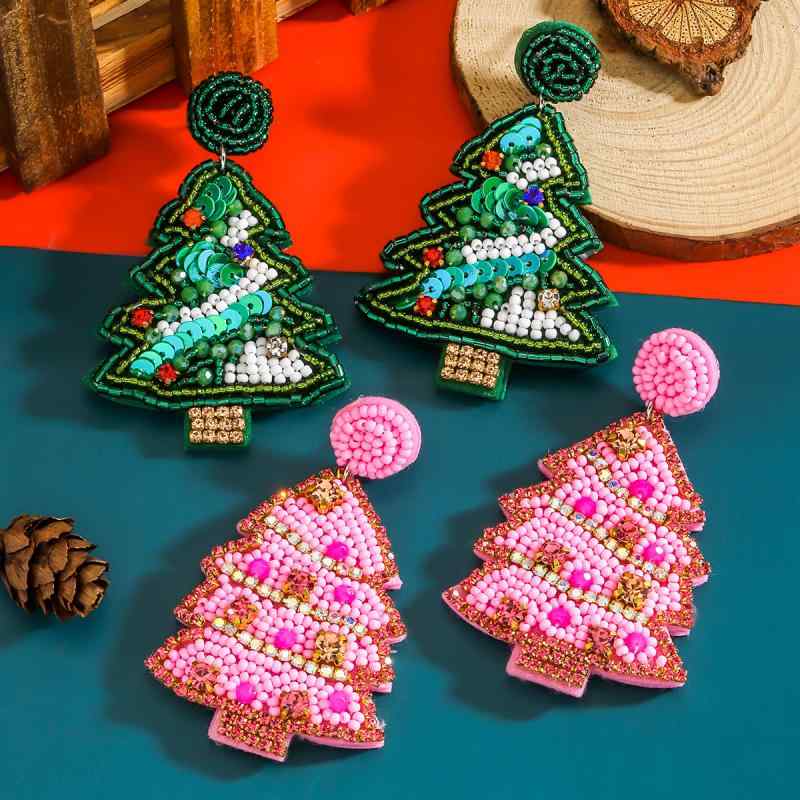 耳飾り レディース クリスマスツリー スパンコール 手作りビーズ ラウンドプレート ラインストーン か..