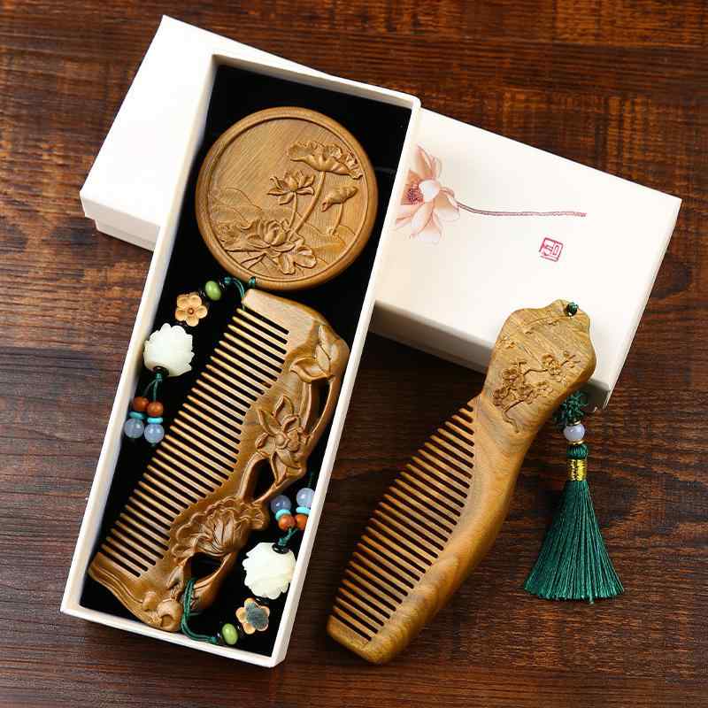 木櫛 女性用 天然 緑檀木 サンダルウッド 鏡 ミラー セット 中国風 オリエンタル 蓮 うさぎ オシドリ チャイナドレス 携帯用 スムーズ 髪 頭皮ケア 高級感