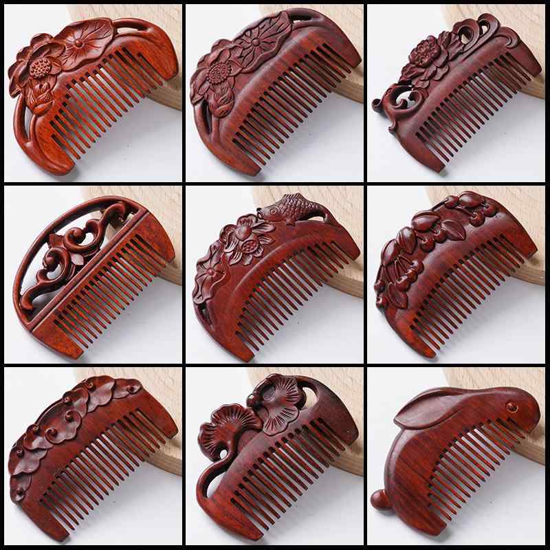 木櫛 紫檀材 中国風 彫刻 ミニ ポケットサイズ 櫛 高級感 おしゃれ 上品 美髪 ヘアブラシ コンパクト ..