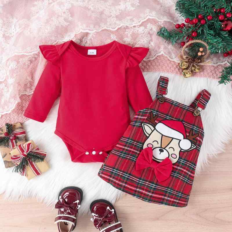 ベビー服 女の子 クリスマス 長袖 ロンパース 赤色 チェック柄 綿 柔らか サロペットスカート 上下セット 記念撮影 欧米風 冬