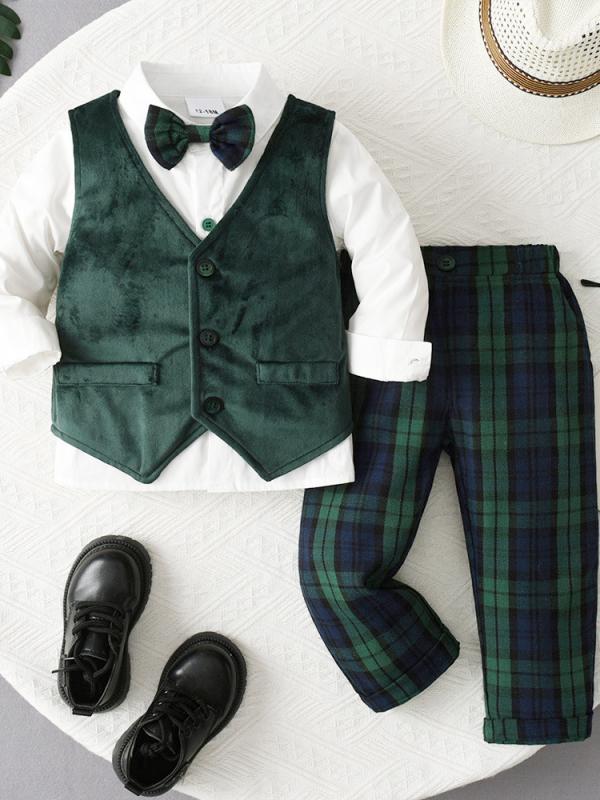 男の子 スーツ キッズ 子供用 春秋 チェック柄 スリーピース フォーマルウェア ベスト ジャケット 長ズボン セット 発表会 入学式 卒業式 結婚式 礼服 七五三 綿 コットン グリーン かわいい 欧米風