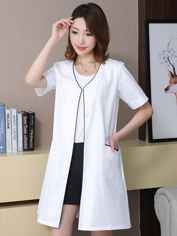 白衣 レディース ドクターコート 美容師 エステ 美容院 スキンケア 制服 ワークウェア 高級感 薄手 Vネック 七分袖 半袖 韓国風 ポリエステル
