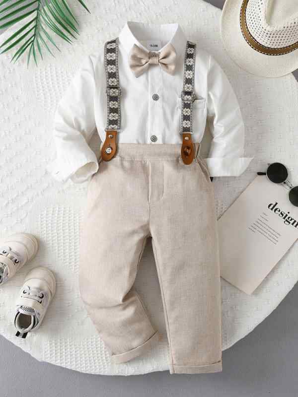 キッズ 男の子 フォーマル ベストスーツ サスペンダーパンツ セットアップ 春秋物 綿 コットン 欧米風 発表会 結婚式 入園式 卒園式 カーキ 蝶ネクタイ お洒落