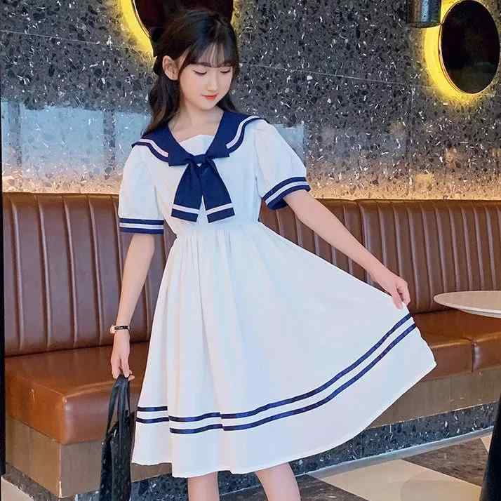 ワンピース キッズ 女の子 学院風 JK風 セーラー襟 半袖 Aライン リボン 春夏 ポリエステル 綿 ホワイ..