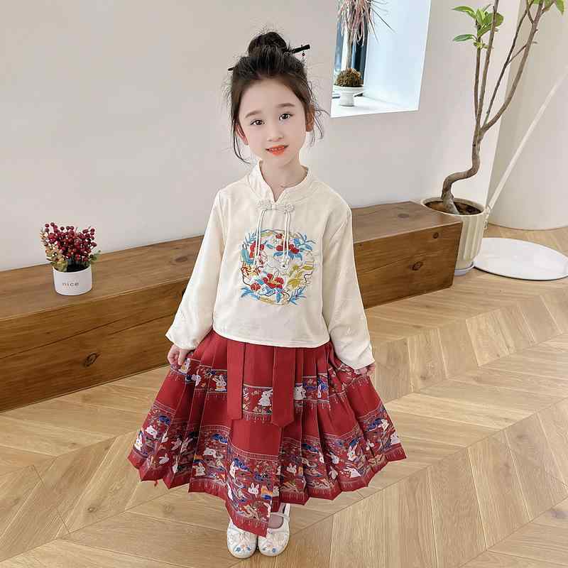漢服 キッズ 女の子用 馬面スカート セットアップ 中国風 民族衣装 上品な 唐装 ポリエステル素材 柔ら..