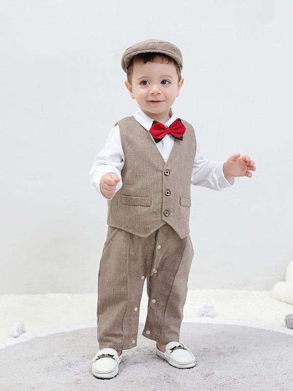 楽天花りぼんロンパース 男の子 ベビー カバーオール オールインワン 春秋 長袖 3点セット 綿素材 紳士風 ブラウン お出かけ 欧米風 スナップボタン