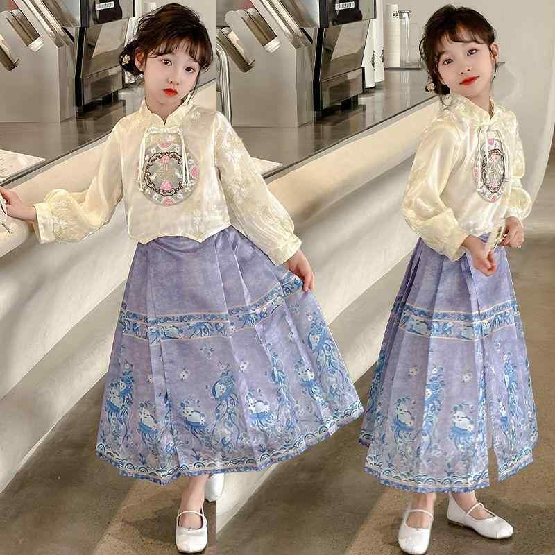 民族衣装 キッズ 女の子 新中式 馬面スカート セットアップ かわいい チャイナ風 春秋 ポリエステル ア..