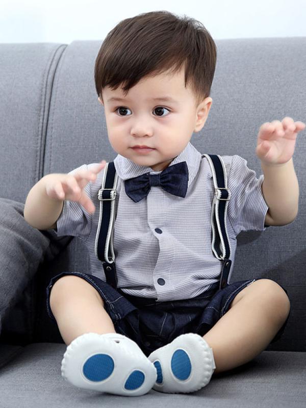 楽天花りぼんロンパース ベビー 男の子 新生児 夏物 半袖 綿 薄手 前開き スナップボタン 欧米風 紳士風 普段着 お出かけ着 快適 涼しい グレー ブルー