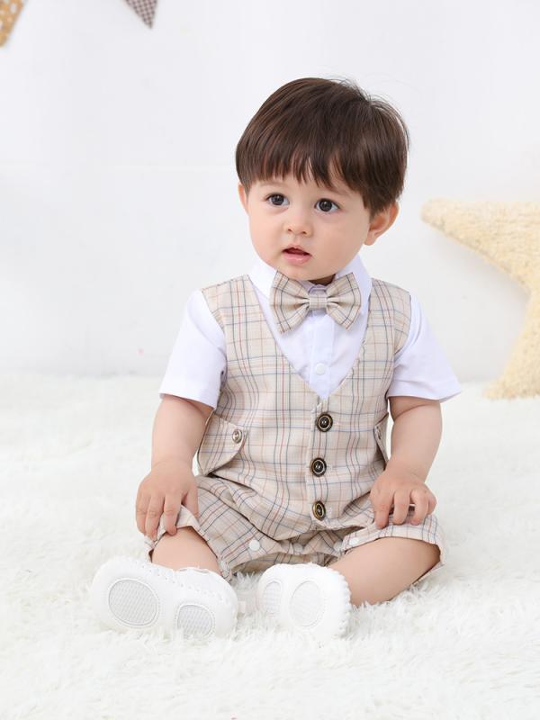 ロンパース ベビー 男の子 半袖 格子柄 チェック柄 綿 コットン 薄手 プルオーバー 赤ちゃん 普段着 新生児 春夏 カーキ グレー