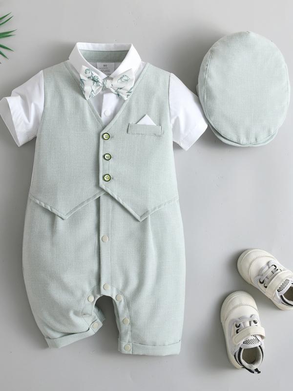 楽天花りぼんロンパース 男の子 ベビー 夏 半袖 取り外し可能フード イギリス風 フォーマル セレモニー コットン スナップボタン ライトグリーン グレー