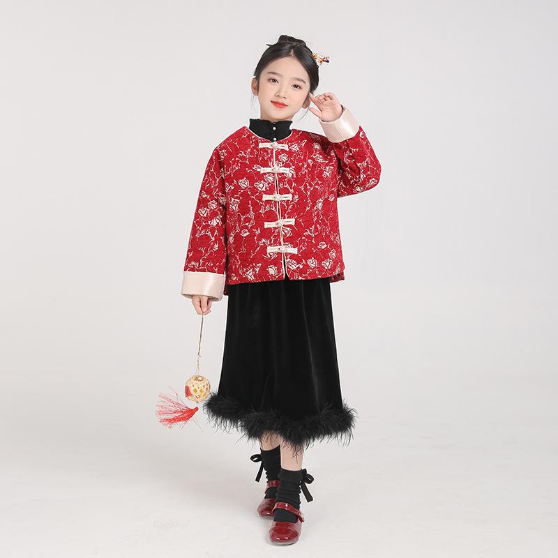 唐装 女の子 キッズ 新中国風 古風 アウター コート ジャケット お正月 年末年始 初詣 赤 レッド 朱色 コットン 厚手 暖かい 普段使い 冬