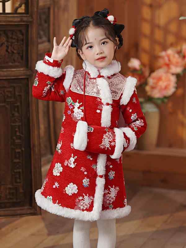 ワンピース 女の子 改良チャイナドレス 漢服 唐装 厚手 裏起毛 中綿入り 花柄 スパンコール プリンセス..