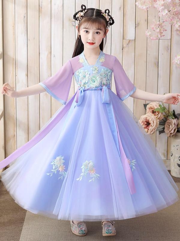 漢服 キッズ 女の子 春夏 中国風 古風 プリンセス 斉胸襦裙 ドレス ワンピース シフォン ポリエステル ..