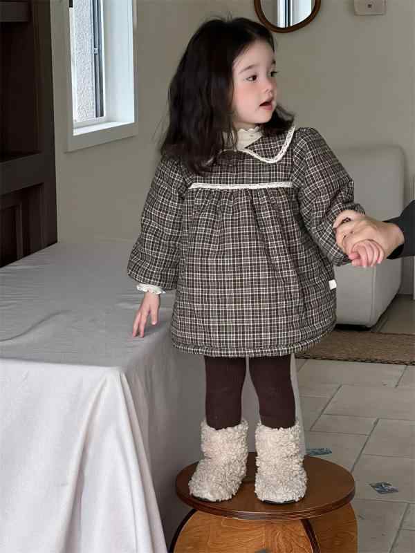 ワンピース ベビー 女の子 ガールズ 秋冬 裏起毛 厚手 あったか 保温 チェック柄 綿 プルオーバー 韓国..