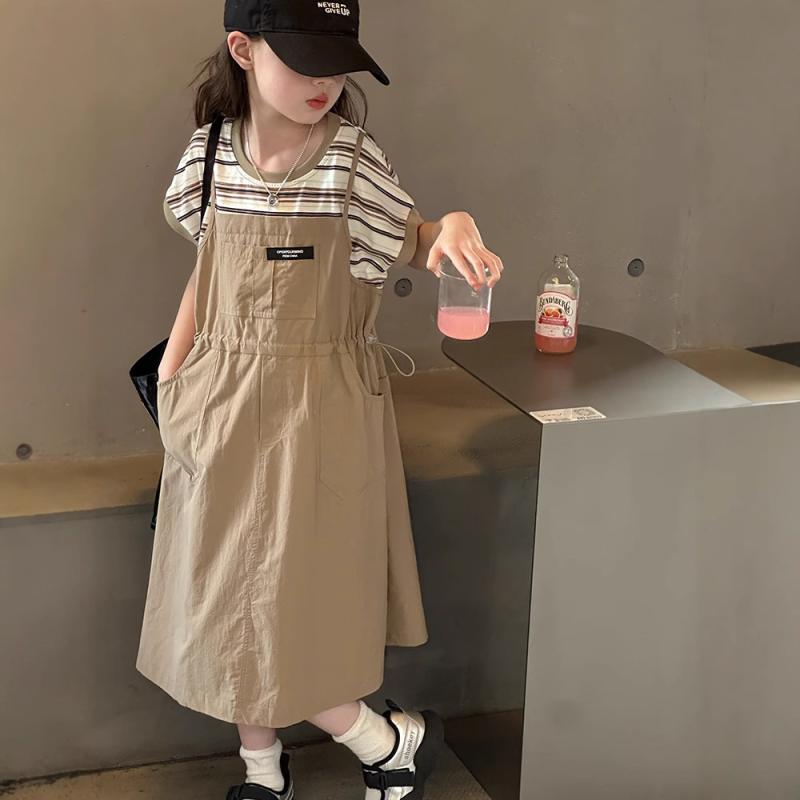 ワンピース キッズ 女の子 フェイクレイヤード 重ね着風 ワークテイスト ジャンパースカート サロペット ノースリーブ ゆったり ルーズ Aライン 切り替え 綿混 コットンブレンド ストライプ ロゴ カーキ 春夏 カジュアル 普段使い