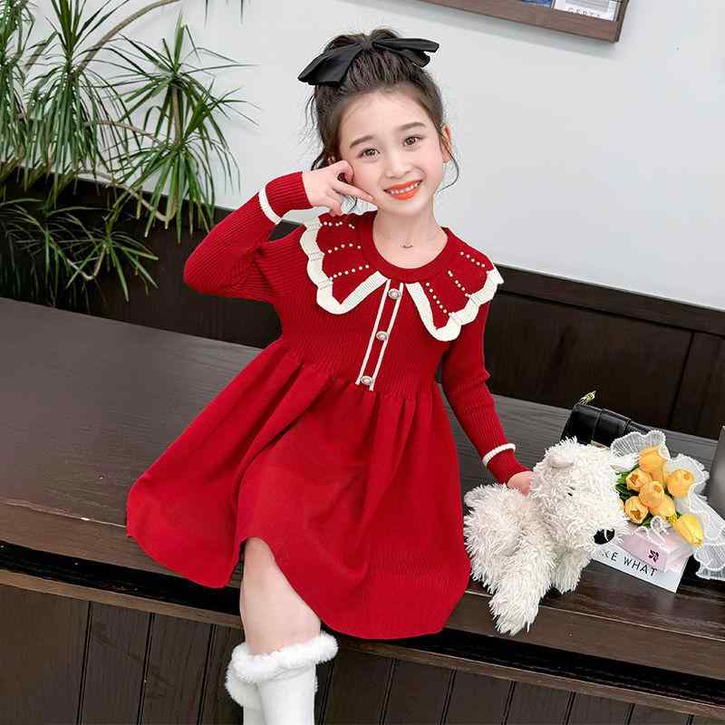 ワンピース 女の子 キッズ 秋冬 Aライン ニットドレス 赤 レッド フォーマル パーティー お祝い 上品 ..