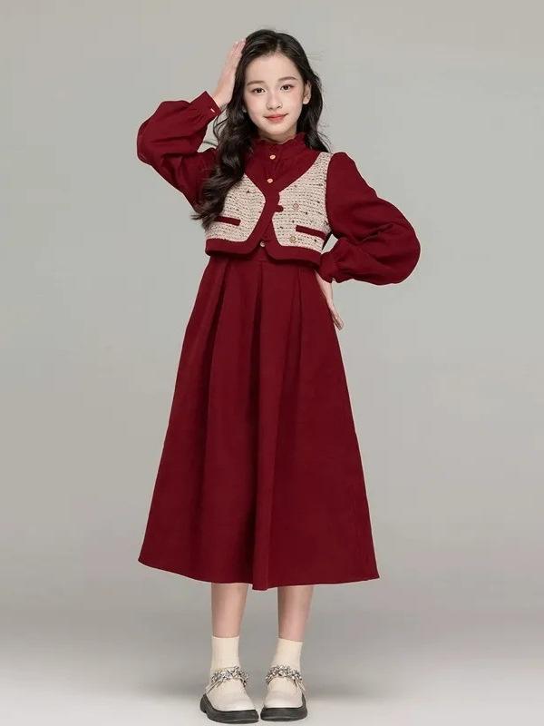 ワンピース 女の子 ガールズ ジュニア 秋冬 おしゃれ きれいめ 上品 クラシカル 学院風 フェイクレイヤ..