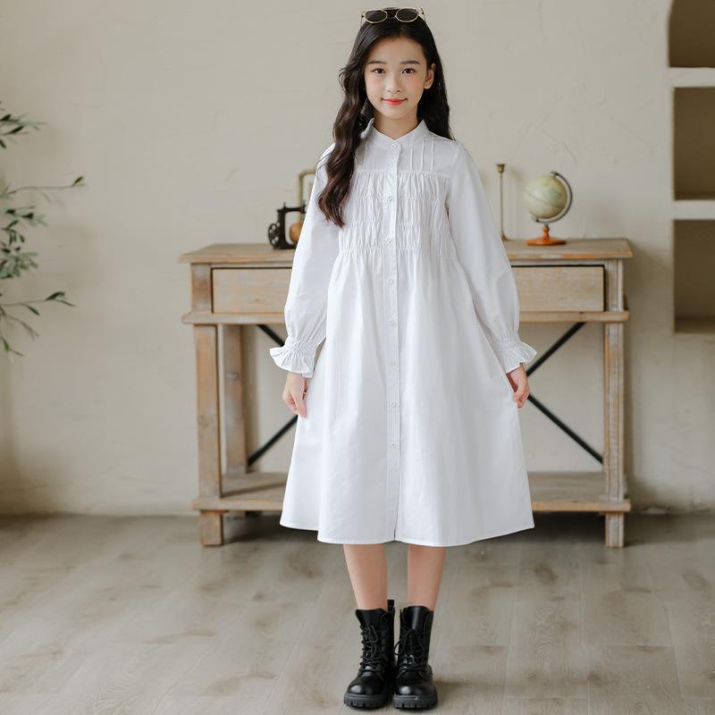 ワンピース ジュニア 女の子 親子コーデ 韓国風 綿100% 長袖 ランタンスリーブ パフスリーブ Aライン 無地 起毛 コットン おしゃれ カジュアル 普段使い 通学着 春秋 ホワイト