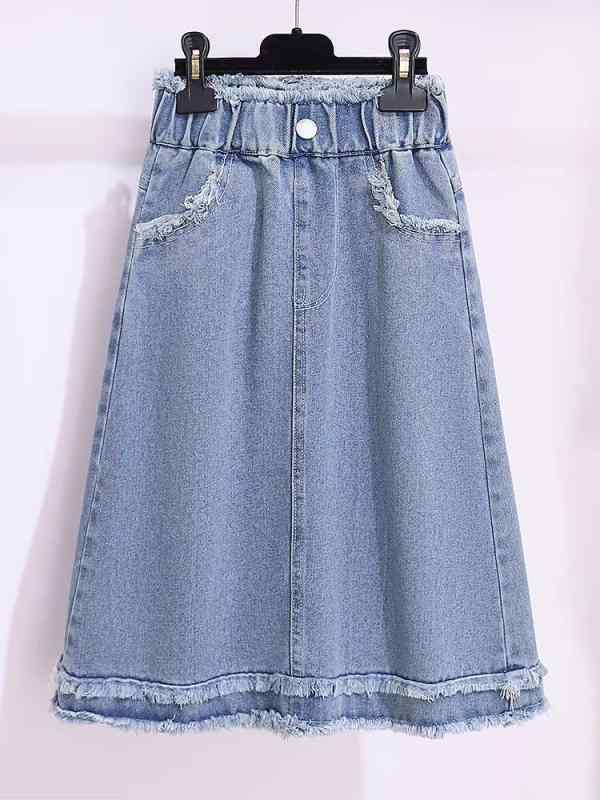 スカート ガールズ 女の子 デニム Aライン ロング丈 フリンジ 切りっぱなし おしゃれ 韓国風 カジュア..