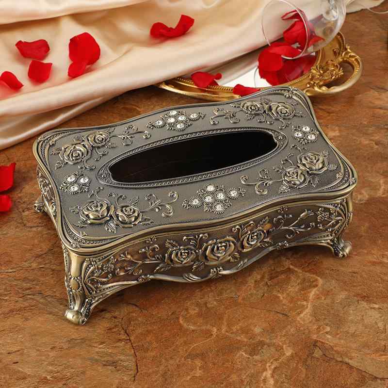 ティッシュケース レトロ クラシック アンティーク調 薔薇 彫刻 彫り模様 中華風 亜鉛合金製 青銅色 高級感 エレガント 重厚感 リビング 玄関 車内 卓上 インテリア 雑貨(x2)
