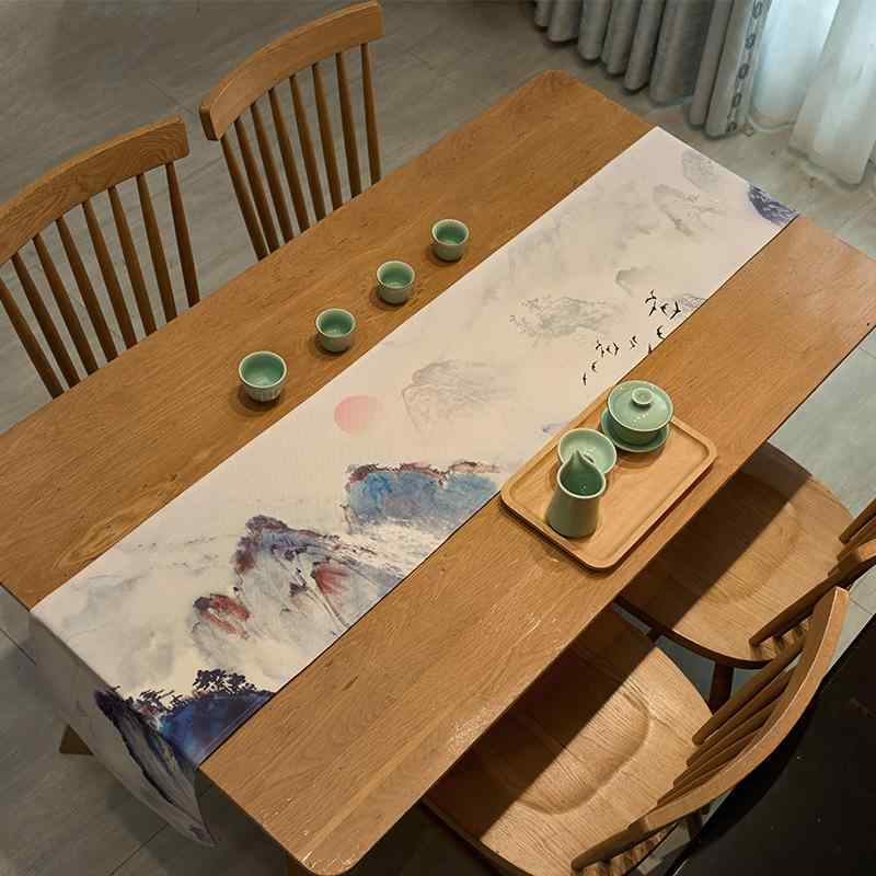 テーブルランナー 新中国風 禅意 山水画 水墨画 ロータス柄 防水 ティーマット ポリエステル製 テーブルセンター リビング ダイニング インテリア 普段使い 来客用 茶卓敷物(3)