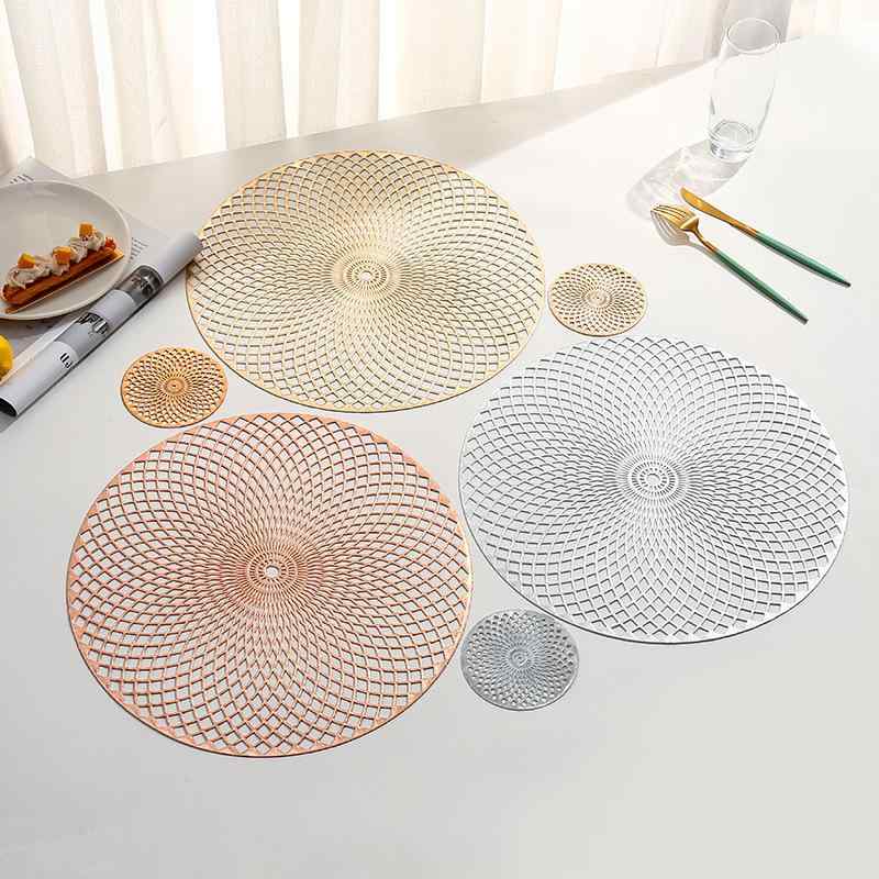 ランチョンマット コースター 円形 丸型 メッシュ 変形 PVC 箔押し 滑り止め 防水 撥水 断熱 耐熱 食卓 ダイニング おしゃれ モダン セット ローズゴールド シルバー ゴールド(x2)