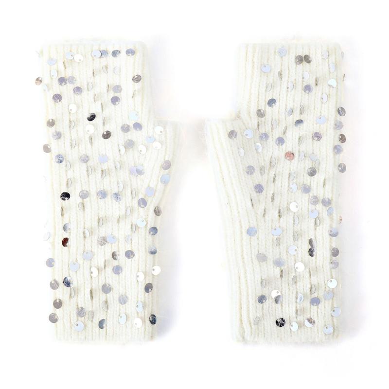 手袋 レディース 指なし グローブ アルパカウール ニット クリームカラー ラメ スパンコール 保温 防寒..