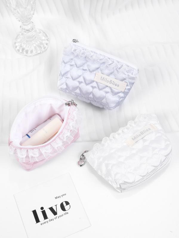 化粧ポーチ レディース インスタ風 かわいい 大容量 小銭入れ 携帯用 ポータブル 持ち運び 小物収納 ポリエステル レース おしゃれ ユニークデザイン 整理整頓 トラベル コスメケース 白 ピンク ブルー 無地