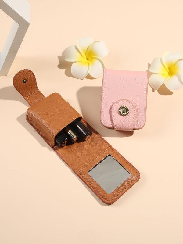 化粧ポーチ レディース ミニ 携帯用 鏡付き 口紅ケース コスメ 収納ボックス PUレザー 縦型 スクエア型 おしゃれ コンパクト トラベル メイク 小物入れ ブラック グレー ピンク