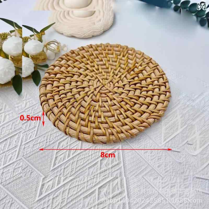 コースター 籐 ラタン 竹製 手作り ハンドメイド 新中式 茶器セット 普洱茶用 ポット用 湯呑み 急須 敷物 円形 楕円 くり抜き(x2)