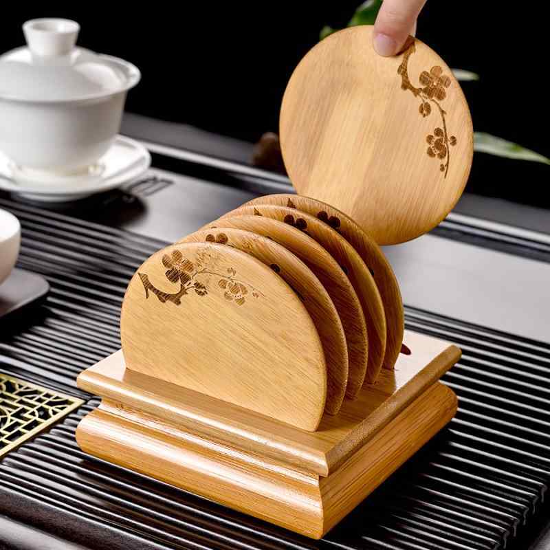 コースター 木製 竹製 無垢材 和風 中式 梅の花 断熱マット 耐熱マット 家庭用 茶器 湯呑み カップ 椀敷き ティータイム リビング セット 丸型