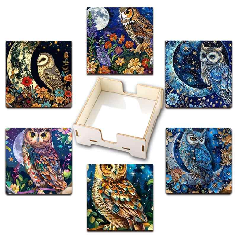 コースター木製ウッドフクロウアート...