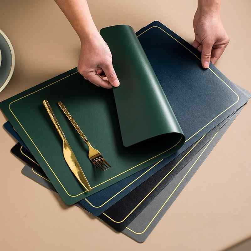 ランチョンマット レザー 合皮 無地 北欧 おしゃれ 金縁 ゴールドライン 防水 撥水 防油 断熱 耐熱 お手入れ簡単 テーブルマット プレイスマット ライトラグジュアリー 高級感 長方形 ダイニング 食卓