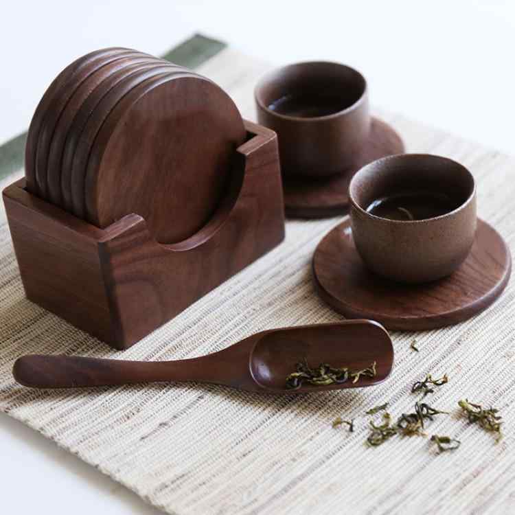 コースター 和風 黒胡桃材 無垢材 スクエア 耐熱 断熱 木製 マグカップ 茶托 家庭用 禅テイスト 高品質 モダン シンプル デスク オフィス テーブルウェア