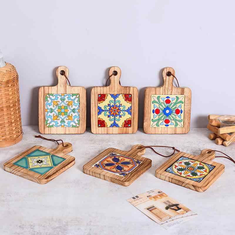 鍋敷き 木製 天然木 レトロ 花柄 無垢材 断熱 防熱 ポットマット ランチョンマット コースター 皿敷き ..