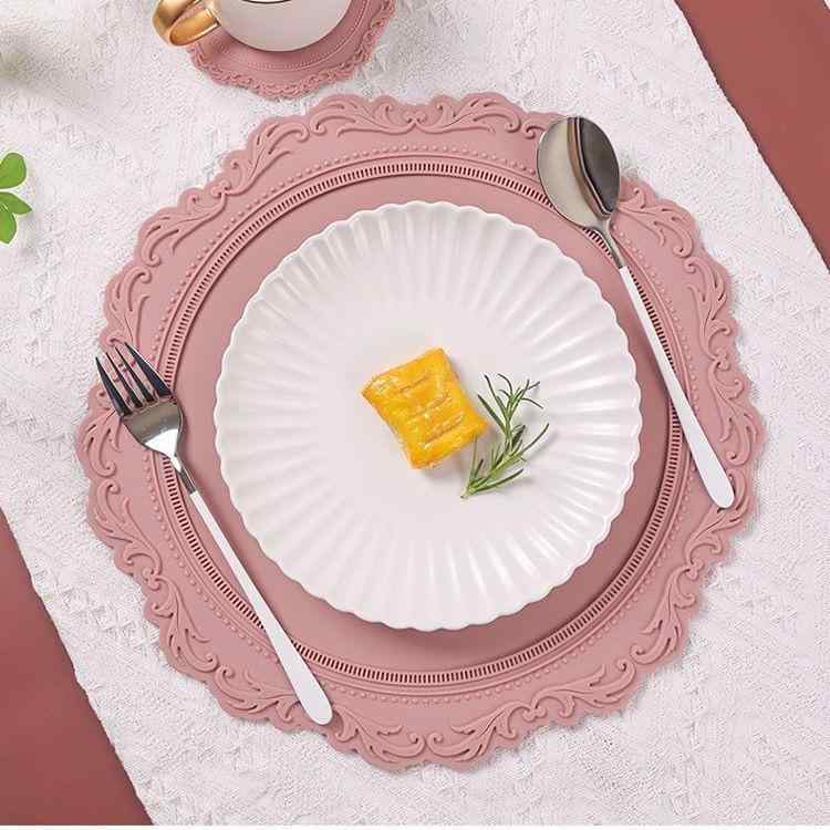 ランチョンマット シリコン レース エンボス加工 耐熱 断熱 ヨーロピアン レトロ 高級感 丸型 楕円形 ボウル 皿 コップ 鍋敷き コースター 無地 防水 滑り止め