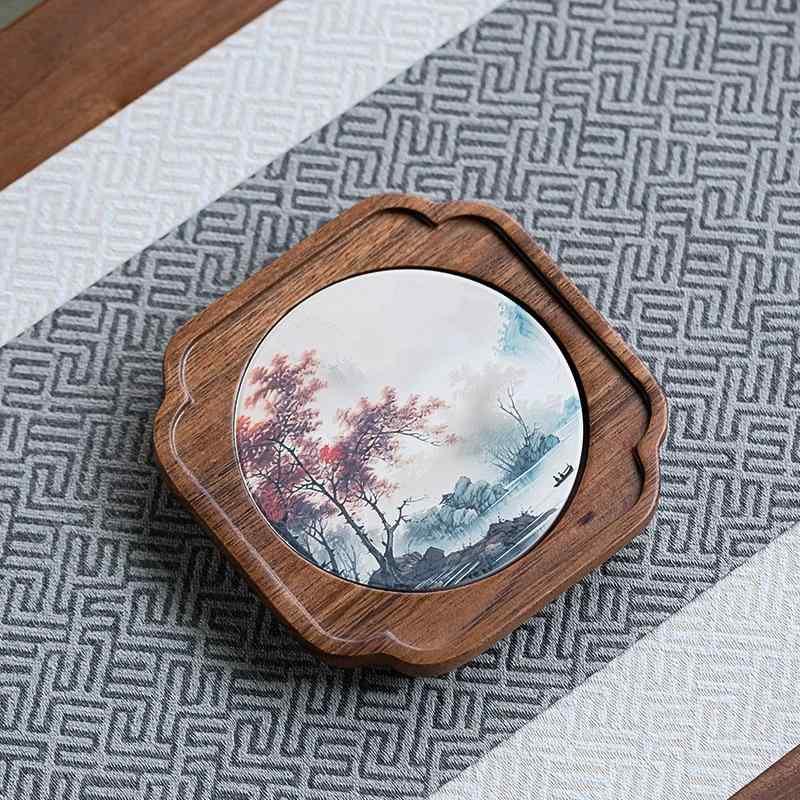 茶器トレイ ウォールナット 陶器製 乾泡式 急須置き ポットマット 吸水 速乾 貯水 耐熱 断熱 コンパクト 小型 水受け