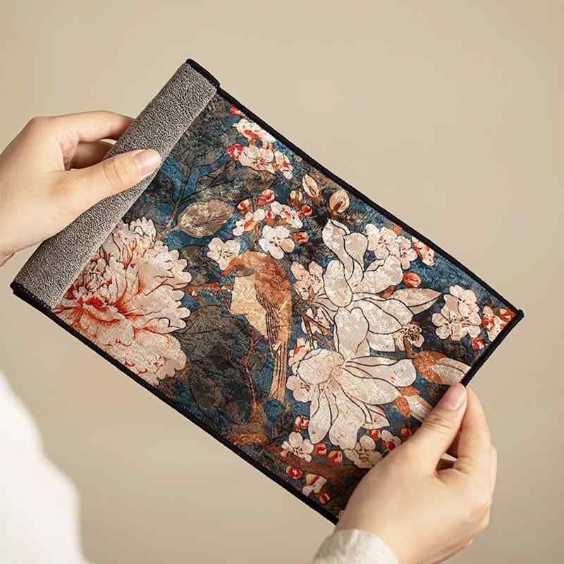 茶巾 レトロ 強力吸水 速乾 布製 ファブリック 花柄 家庭用 オフィス用 ティーマット コースター 茶卓布 新中華風 おしゃれ モダン