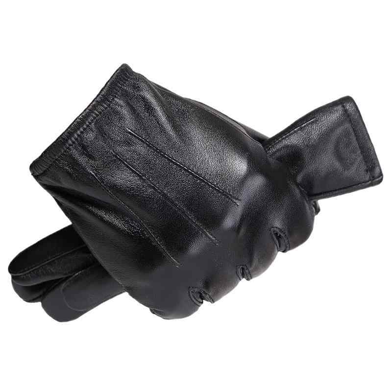 手袋 メンズ 男性用 秋冬 シープスキン 羊革 本革 裏起毛 防寒 保温 暖かい ソフト 高級感 分指タイプ サイクリング グローブ ブラック(4)