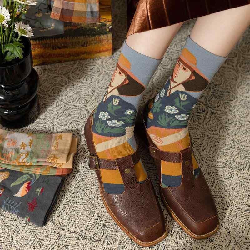 靴下 メンズ レディース ペア ファッション 油絵柄 アートデザイン クルー丈 コットン 吸汗速乾 滑り止..