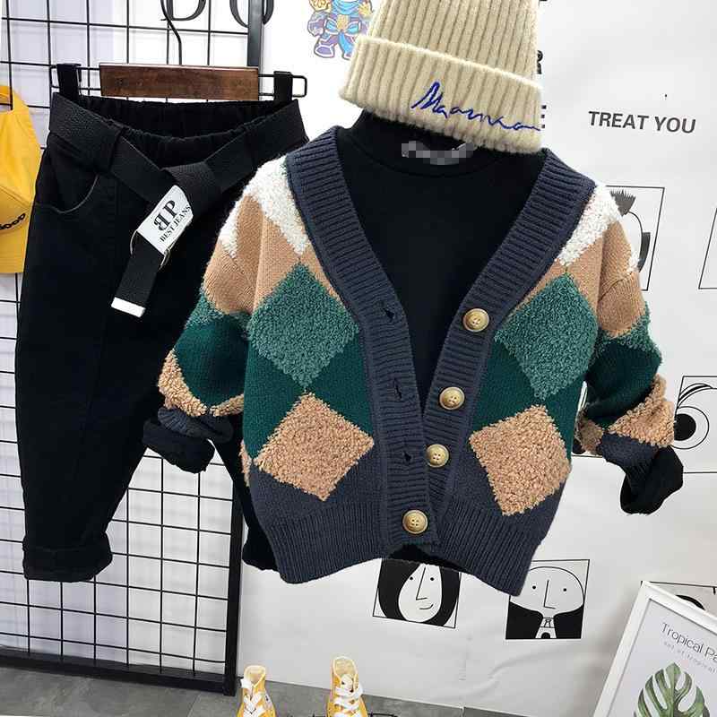 カーディガン キッズ 男の子 子供 ベビー 秋冬 Vネック 厚手 長袖 シングルボタン 菱形柄 チェック柄 ..
