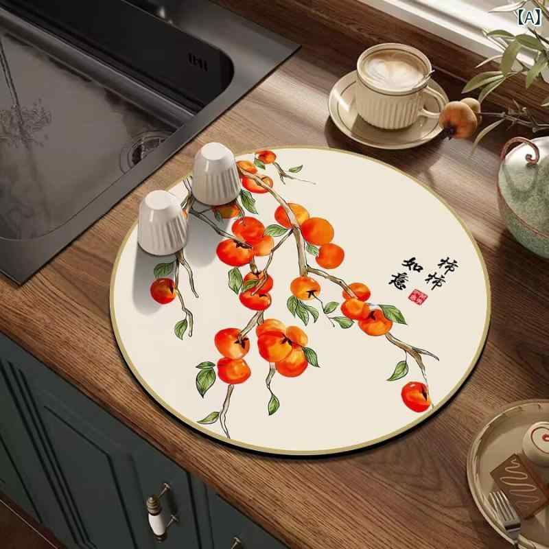 水切りマット 円形 キッチン ダイニング リビング 高吸水速乾素材 コースター 断熱 耐熱 新中華風 モダンアジアン 植物柄 縁起物 多用途 衛生的