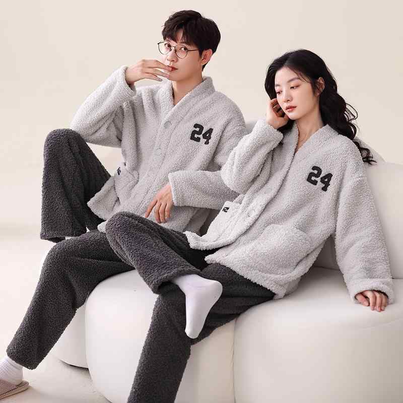 パジャマ 男女兼用 秋冬 Vネック 前開き ルームウェア 部屋着 上下セット 暖かい マイクロフリース サ..